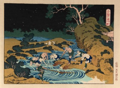 A group of men wearing clothing resembling loin cloths trying to catch char at night. They are holding long poles and standing in and on the banks of a river. They are surrounded by trees and the night sky. Japanese characters are on the right side.